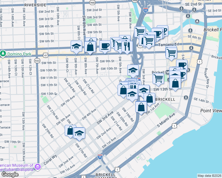 map of restaurants, bars, coffee shops, grocery stores, and more near 415 Southwest 19th Road in Miami