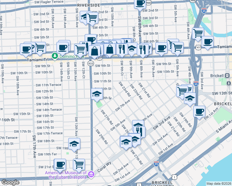 map of restaurants, bars, coffee shops, grocery stores, and more near 2450 Southwest 9th Avenue in Miami