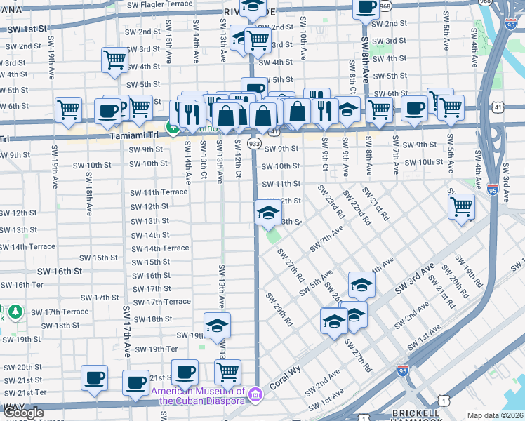 map of restaurants, bars, coffee shops, grocery stores, and more near 1169 Southwest 13th Street in Miami