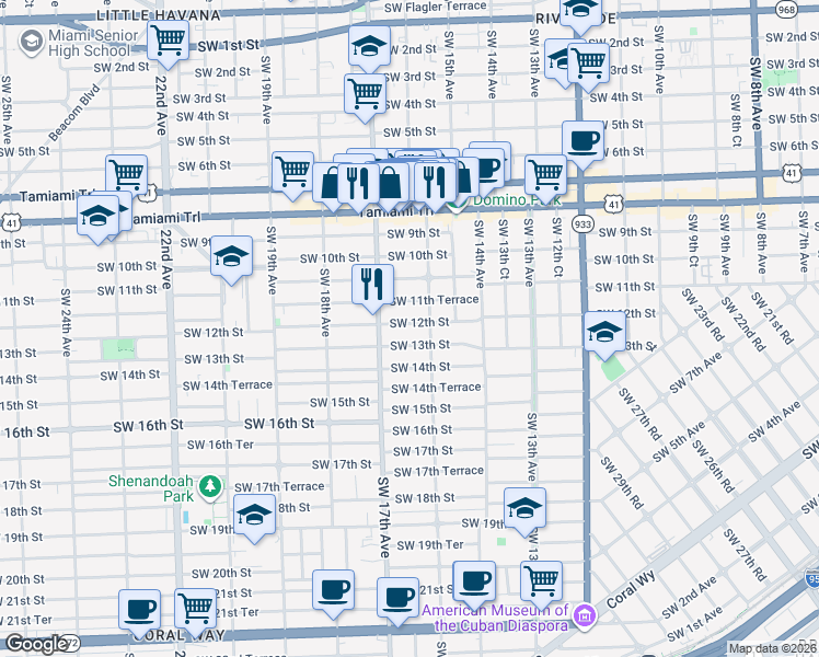 map of restaurants, bars, coffee shops, grocery stores, and more near 1653 Southwest 13th Street in Miami
