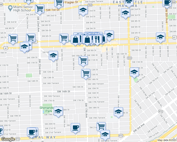 map of restaurants, bars, coffee shops, grocery stores, and more near 1653 Southwest 13th Street in Miami