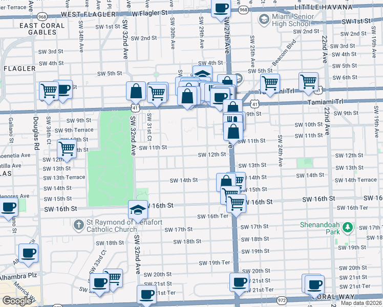 map of restaurants, bars, coffee shops, grocery stores, and more near 1221 Southwest 30th Avenue in Miami