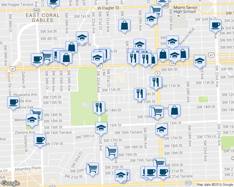map of restaurants, bars, coffee shops, grocery stores, and more near 1221 Southwest 30th Place in Miami