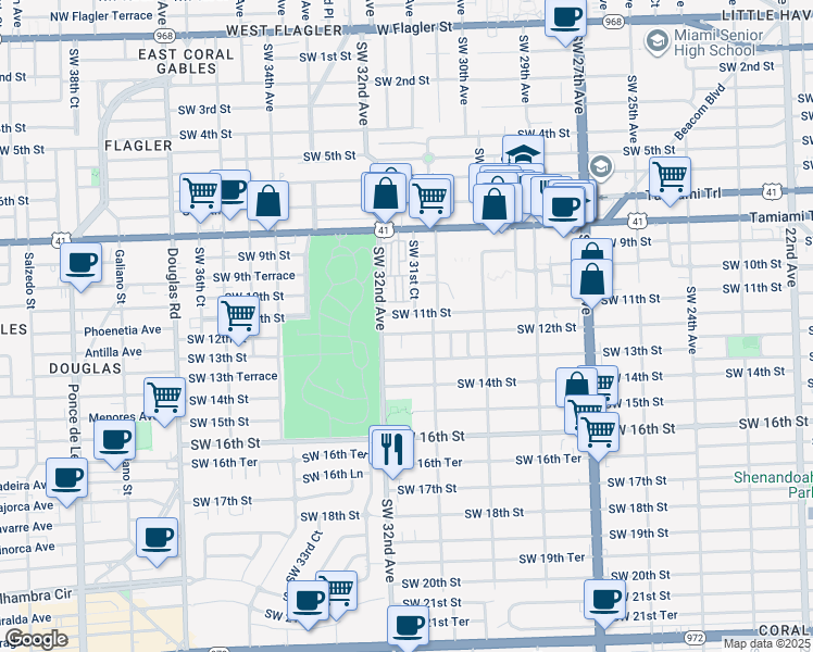 map of restaurants, bars, coffee shops, grocery stores, and more near 3124 Southwest 12th Street in Miami
