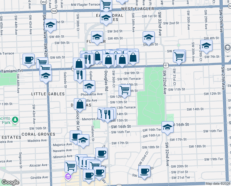 map of restaurants, bars, coffee shops, grocery stores, and more near 3670 Southwest 12th Street in Miami