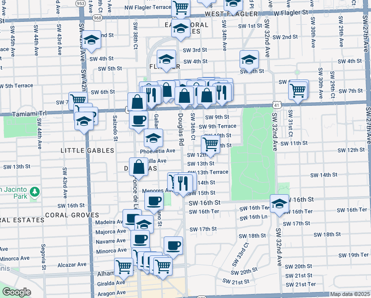 map of restaurants, bars, coffee shops, grocery stores, and more near 3670 Southwest 12th Street in Miami