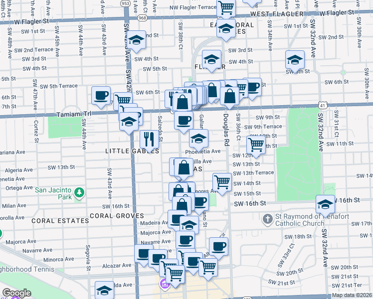 map of restaurants, bars, coffee shops, grocery stores, and more near 1107 Ponce de Leon Boulevard in Coral Gables