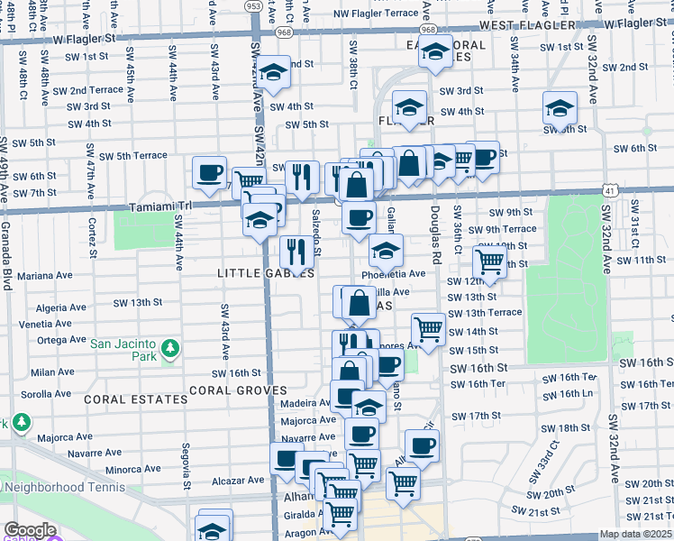 map of restaurants, bars, coffee shops, grocery stores, and more near 234 Phoenetia Avenue in Coral Gables