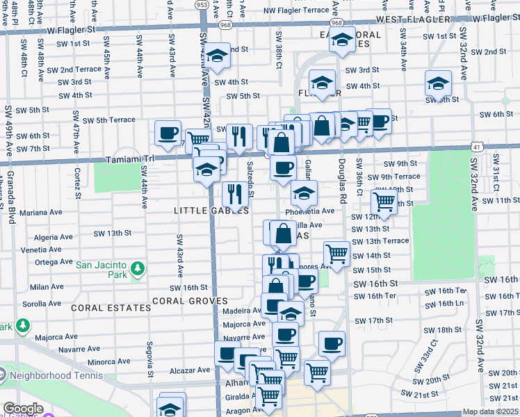 map of restaurants, bars, coffee shops, grocery stores, and more near 234 Phoenetia Avenue in Coral Gables