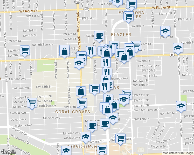 map of restaurants, bars, coffee shops, grocery stores, and more near 234 Phoenetia Avenue in Coral Gables