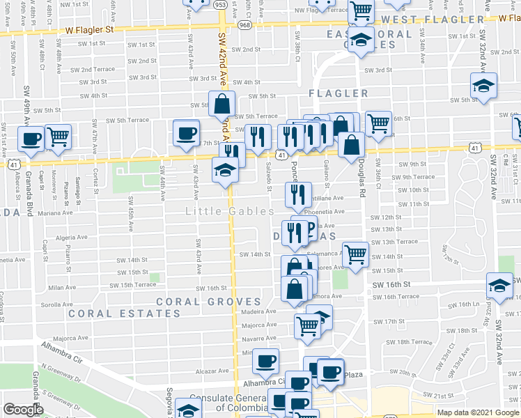 map of restaurants, bars, coffee shops, grocery stores, and more near 4050 Southwest 11th Street in Coral Gables