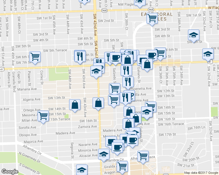 map of restaurants, bars, coffee shops, grocery stores, and more near 4050 Southwest 11th Street in Coral Gables