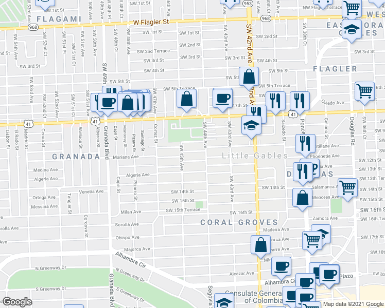 map of restaurants, bars, coffee shops, grocery stores, and more near 4424 Southwest 11th Street in Coral Gables