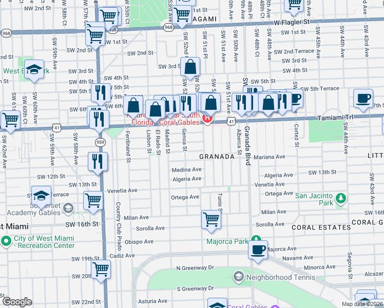 map of restaurants, bars, coffee shops, grocery stores, and more near 1220 Mariana Avenue in Coral Gables