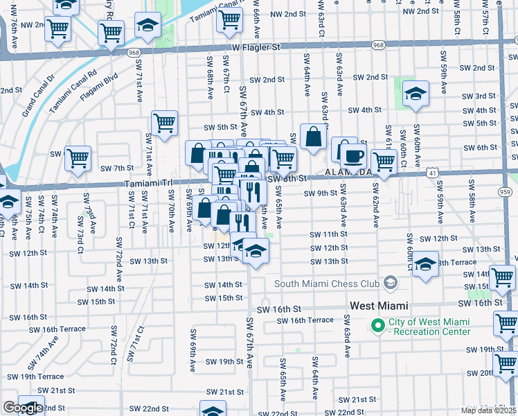 map of restaurants, bars, coffee shops, grocery stores, and more near 1015 Southwest 66th Avenue in Miami