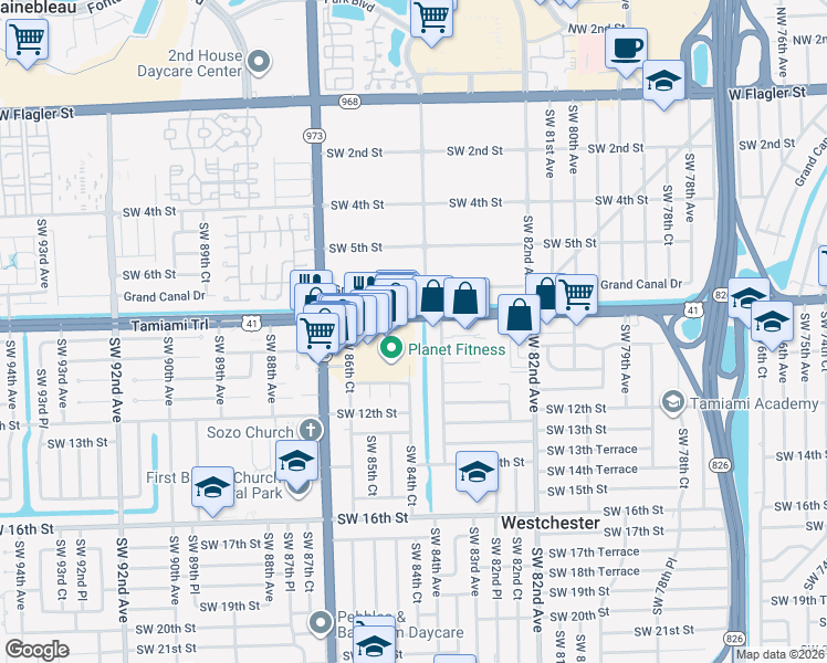 map of restaurants, bars, coffee shops, grocery stores, and more near 8430 Southwest 8th Street in Miami