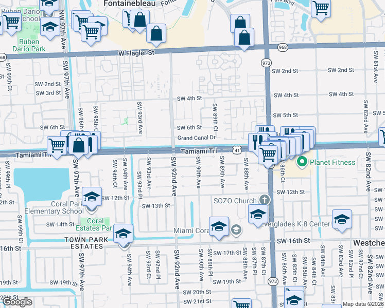 map of restaurants, bars, coffee shops, grocery stores, and more near 9032 Southwest 8th Terrace in Miami