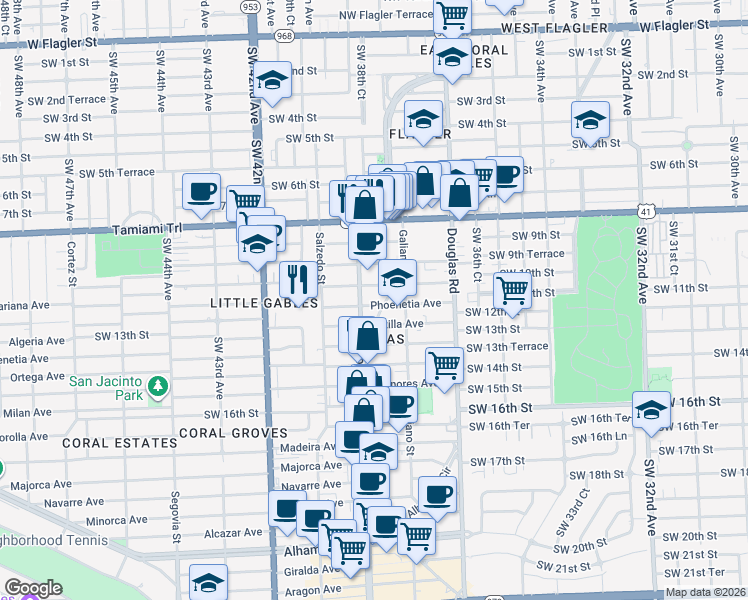 map of restaurants, bars, coffee shops, grocery stores, and more near 1107 Ponce de Leon Boulevard in Coral Gables