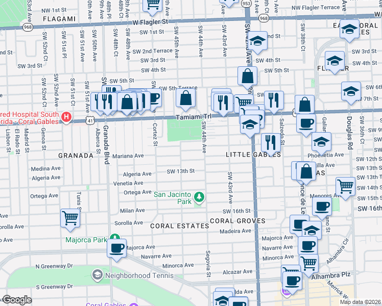 map of restaurants, bars, coffee shops, grocery stores, and more near 4430 Southwest 11th Street in Coral Gables