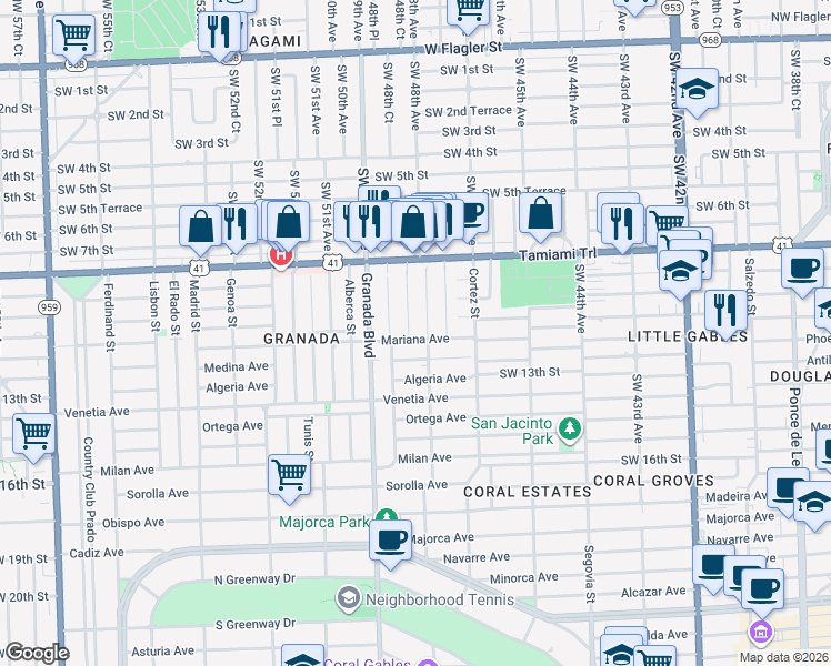 map of restaurants, bars, coffee shops, grocery stores, and more near 916 Mariana Avenue in Coral Gables