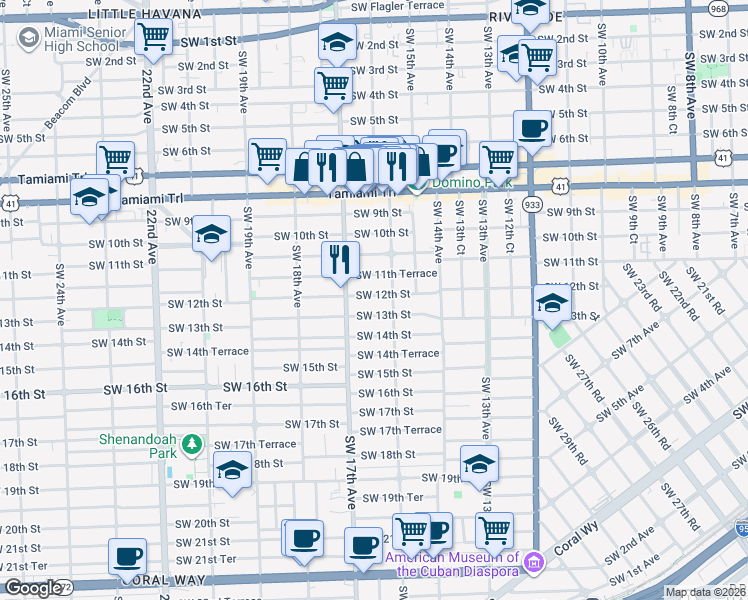 map of restaurants, bars, coffee shops, grocery stores, and more near 1653 Southwest 13th Street in Miami