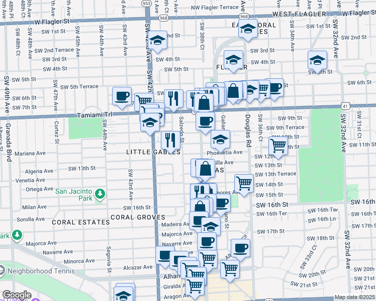 map of restaurants, bars, coffee shops, grocery stores, and more near 234 Phoenetia Avenue in Coral Gables