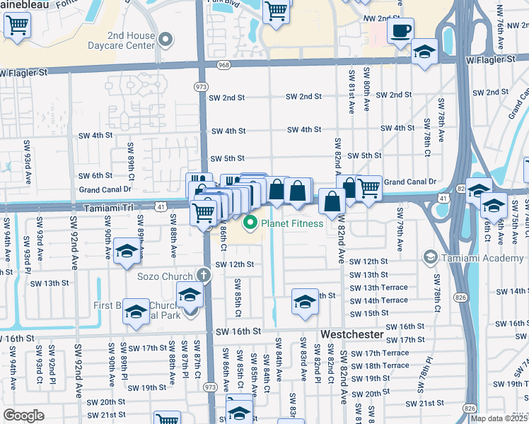 map of restaurants, bars, coffee shops, grocery stores, and more near 8430 Southwest 8th Street in Miami
