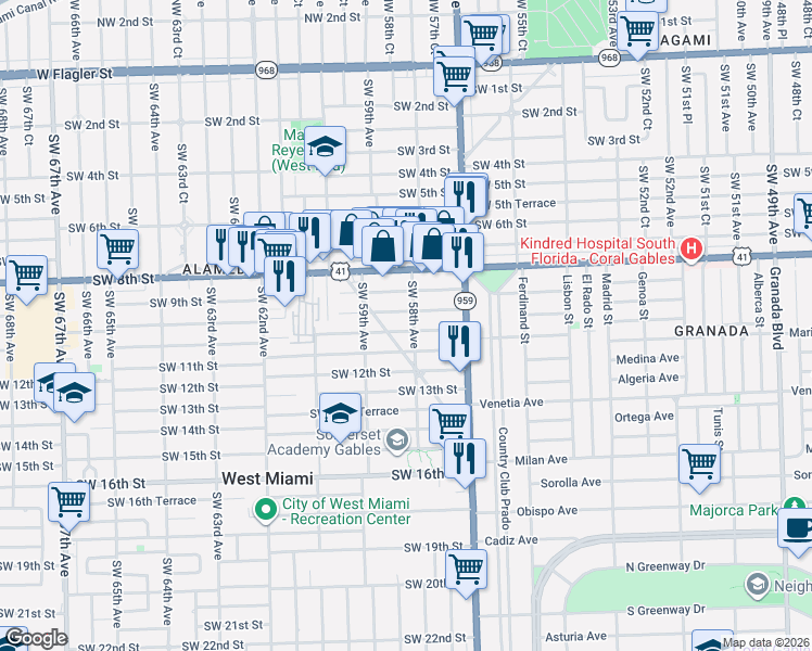 map of restaurants, bars, coffee shops, grocery stores, and more near 1025 Sylvania Boulevard in West Miami