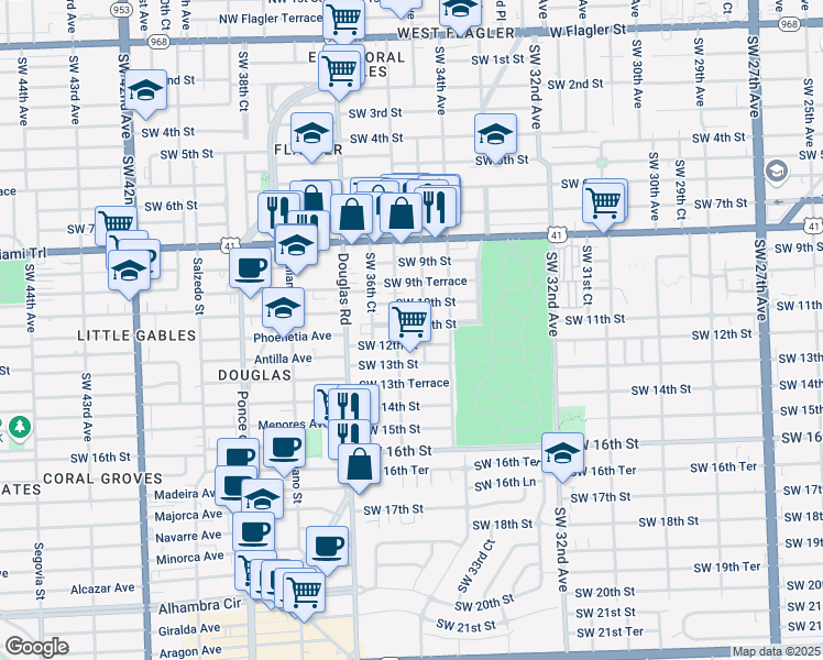 map of restaurants, bars, coffee shops, grocery stores, and more near 1204 Southwest 36th Avenue in Miami