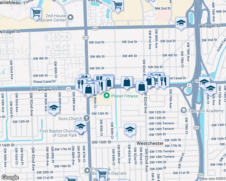 map of restaurants, bars, coffee shops, grocery stores, and more near 8430 Southwest 8th Street in Miami