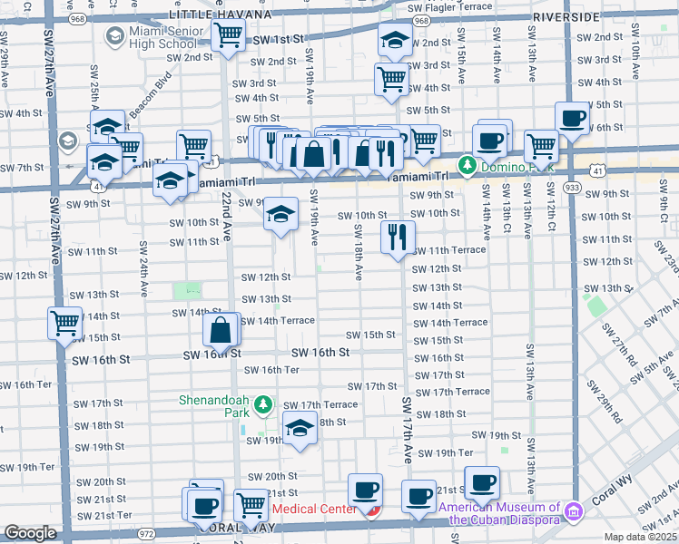 map of restaurants, bars, coffee shops, grocery stores, and more near 1885 Southwest 13th Street in Miami
