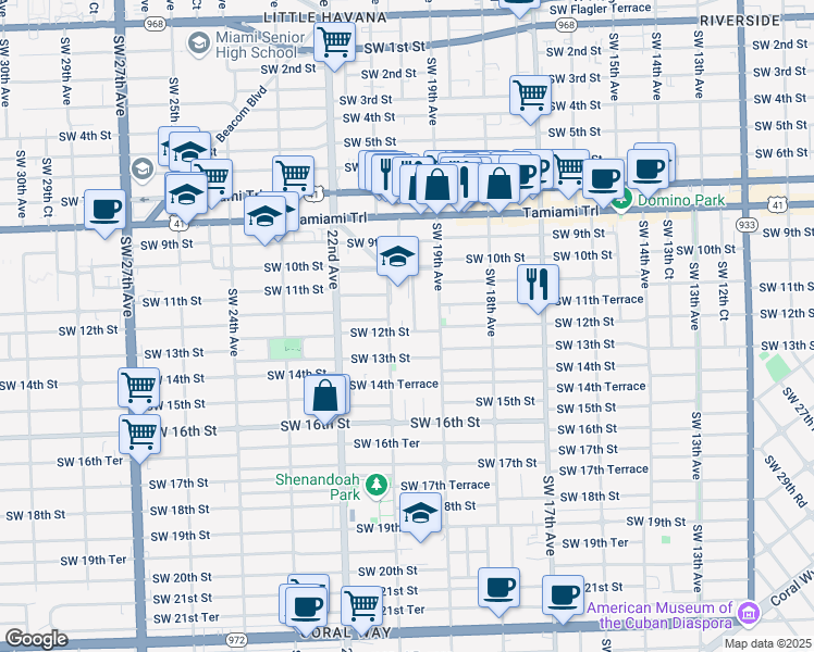 map of restaurants, bars, coffee shops, grocery stores, and more near 2000 Southwest 12th Street in Miami