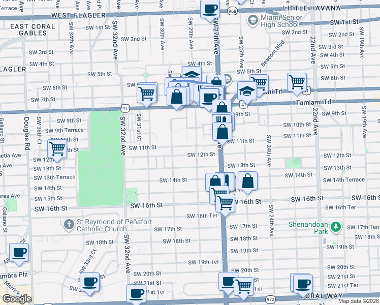 map of restaurants, bars, coffee shops, grocery stores, and more near 1202 Southwest 29th Avenue in Miami