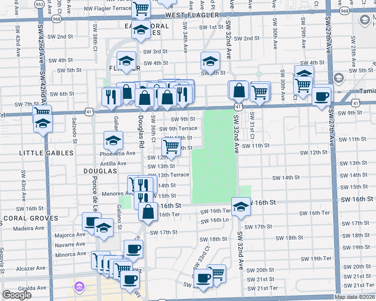 map of restaurants, bars, coffee shops, grocery stores, and more near 3434 Southwest 12th Street in Miami