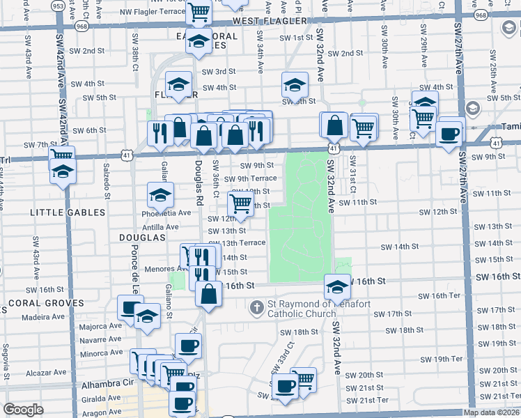 map of restaurants, bars, coffee shops, grocery stores, and more near 3434 Southwest 12th Street in Miami