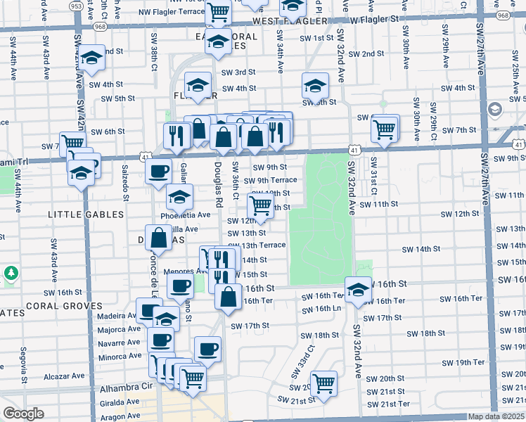 map of restaurants, bars, coffee shops, grocery stores, and more near 1204 Southwest 36th Avenue in Miami