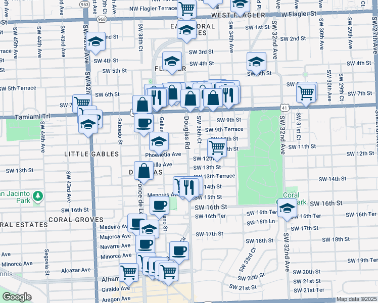 map of restaurants, bars, coffee shops, grocery stores, and more near 3670 Southwest 12th Street in Miami
