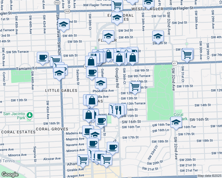 map of restaurants, bars, coffee shops, grocery stores, and more near 24 Phoenetia Avenue in Coral Gables
