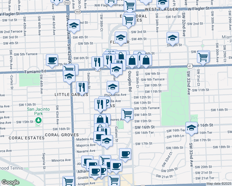 map of restaurants, bars, coffee shops, grocery stores, and more near 110 Phoenetia Avenue in Coral Gables
