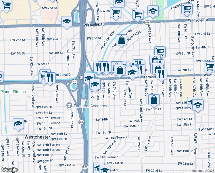map of restaurants, bars, coffee shops, grocery stores, and more near 934 Southwest 75th Avenue in Miami