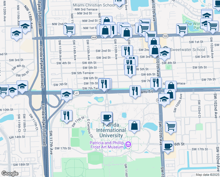 map of restaurants, bars, coffee shops, grocery stores, and more near 11198 SW 8th St in Miami