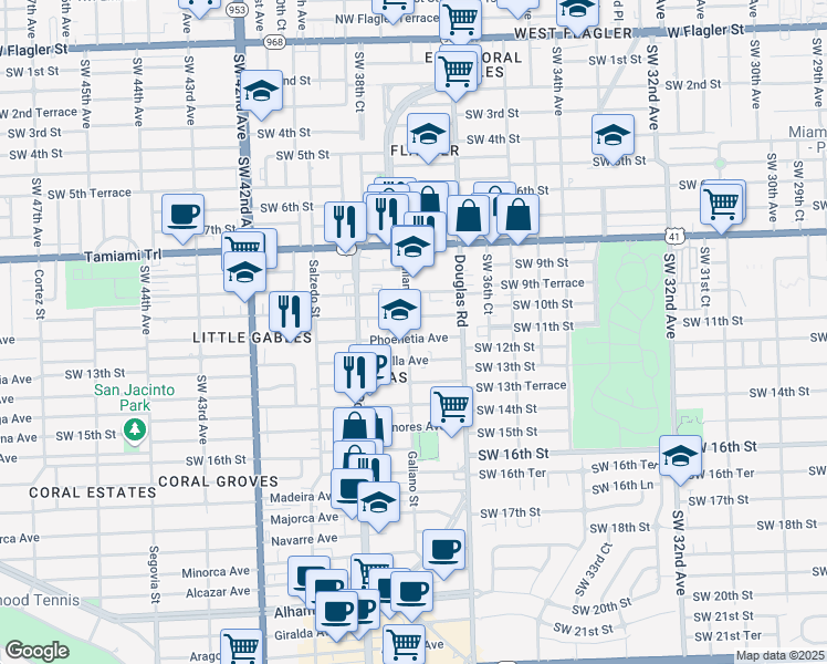 map of restaurants, bars, coffee shops, grocery stores, and more near 110 Phoenetia Avenue in Coral Gables