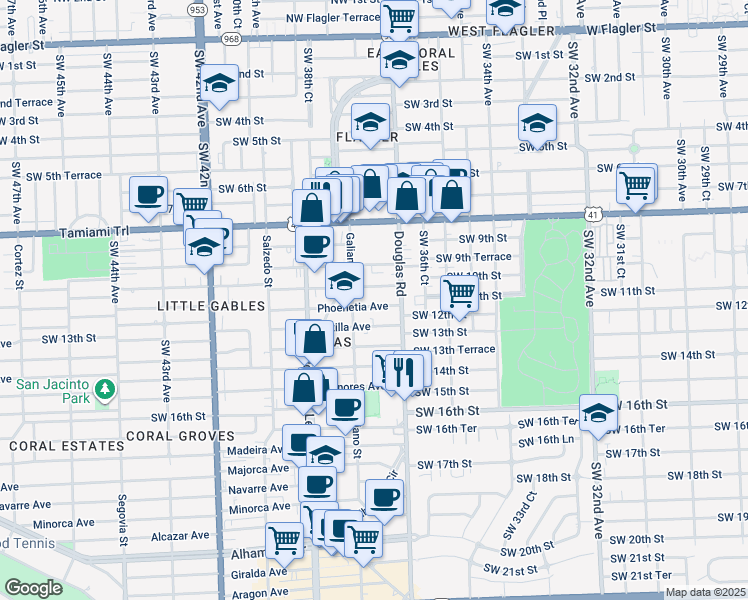 map of restaurants, bars, coffee shops, grocery stores, and more near 27 Phoenetia Avenue in Coral Gables