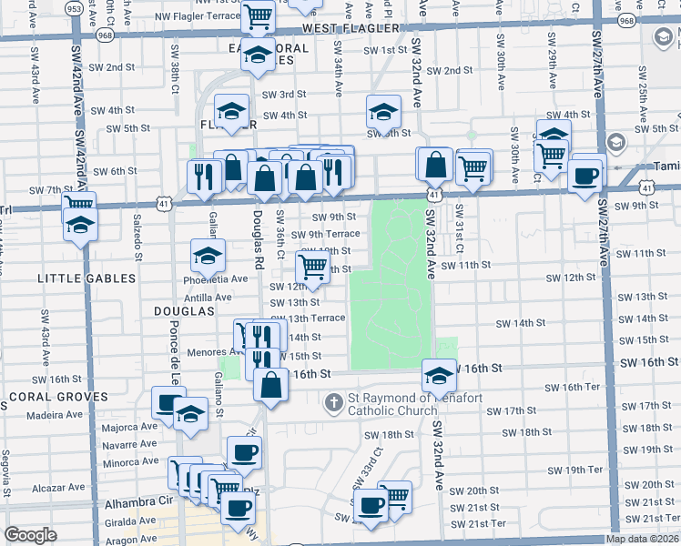 map of restaurants, bars, coffee shops, grocery stores, and more near 3434 Southwest 12th Street in Miami