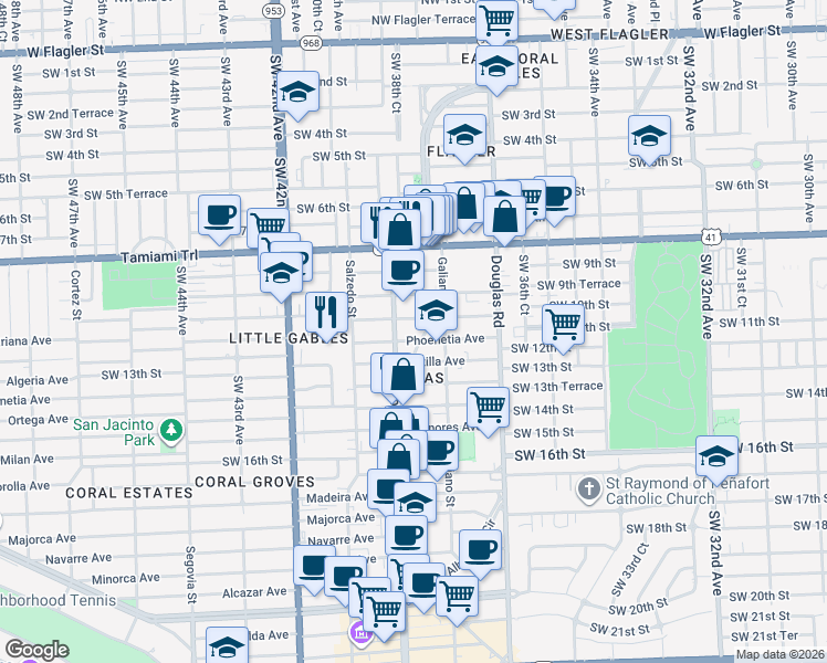 map of restaurants, bars, coffee shops, grocery stores, and more near 1107 Ponce de Leon Boulevard in Coral Gables
