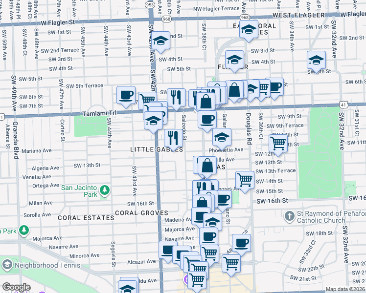map of restaurants, bars, coffee shops, grocery stores, and more near 234 Phoenetia Avenue in Coral Gables