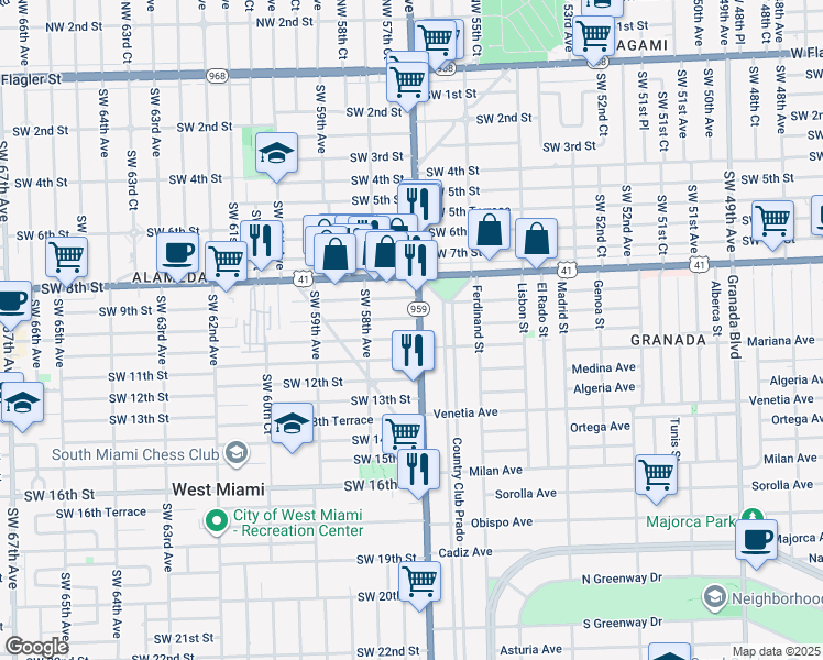 map of restaurants, bars, coffee shops, grocery stores, and more near 1559 San Benito Avenue in Coral Gables