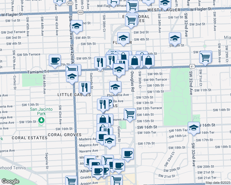 map of restaurants, bars, coffee shops, grocery stores, and more near 1001 East Ponce De Leon Boulevard in Coral Gables