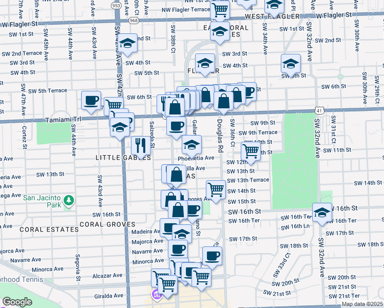 map of restaurants, bars, coffee shops, grocery stores, and more near 1001 East Ponce De Leon Boulevard in Coral Gables