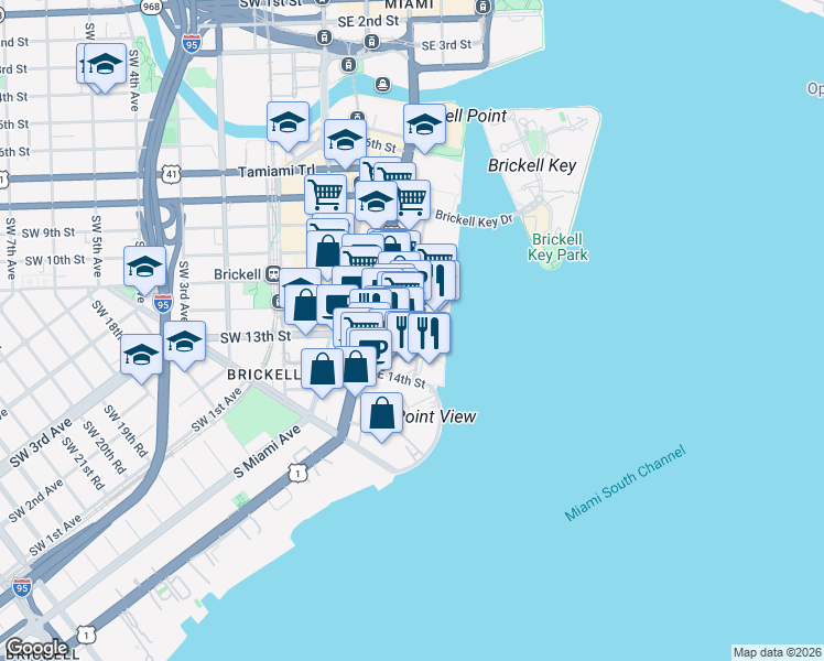 map of restaurants, bars, coffee shops, grocery stores, and more near 12 Brickell Bay Drive in Miami